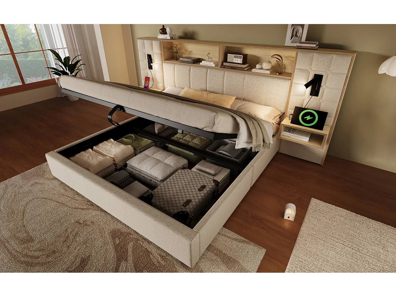 Letto contenitore 180x200 con 2 luci da lettura, 2 comodini e porta di ricarica USB-C – Letto matrimoniale in lino beige