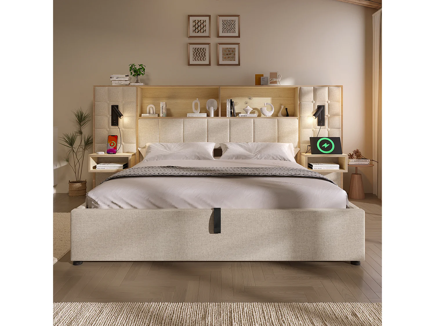 Letto contenitore 180x200 con 2 luci da lettura, 2 comodini e porta di ricarica USB-C – Letto matrimoniale in lino beige