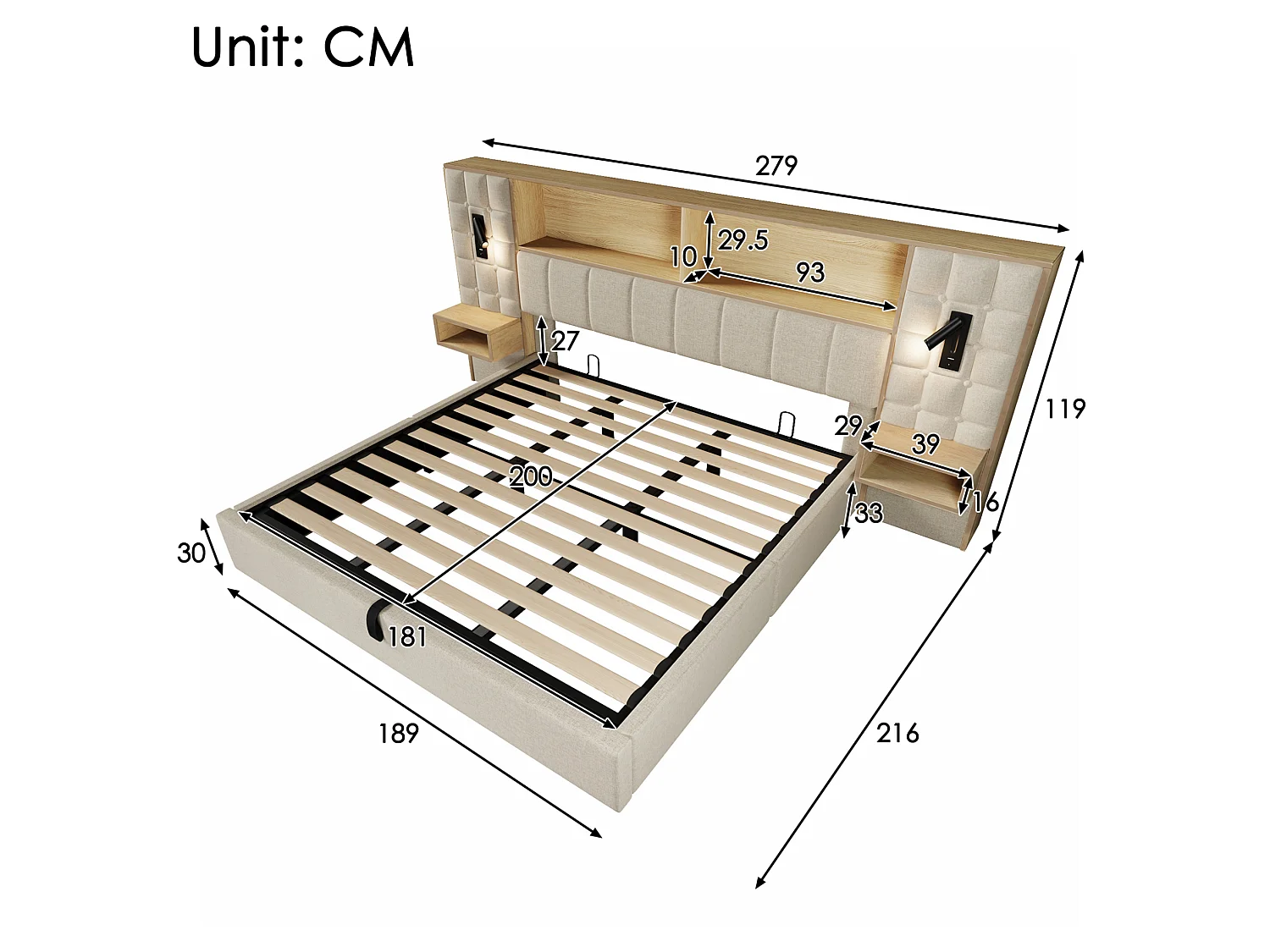 Letto contenitore 180x200 con 2 luci da lettura, 2 comodini e porta di ricarica USB-C – Letto matrimoniale in lino beige