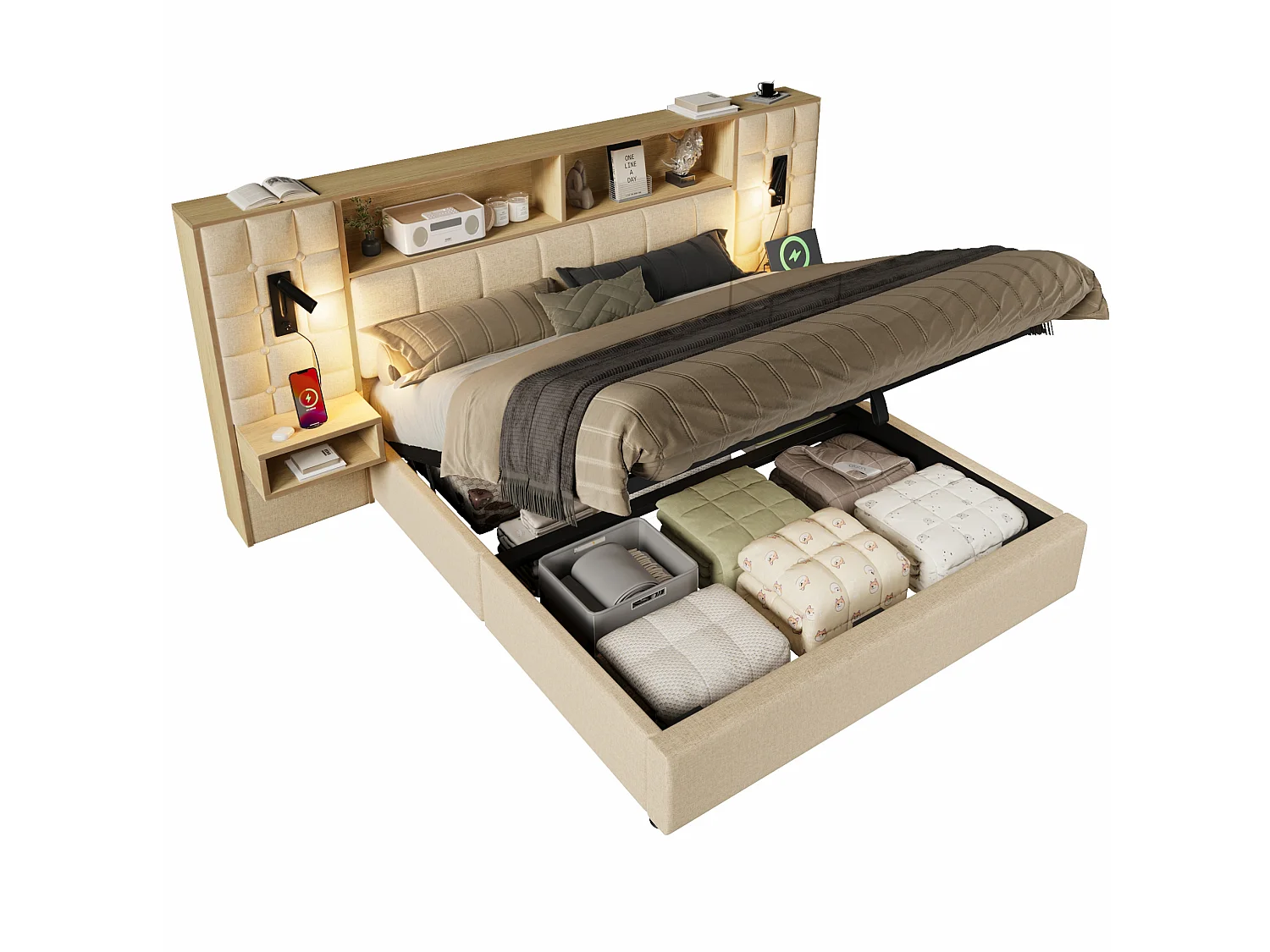 Letto contenitore 180x200 con 2 luci da lettura, 2 comodini e porta di ricarica USB-C – Letto matrimoniale in lino beige