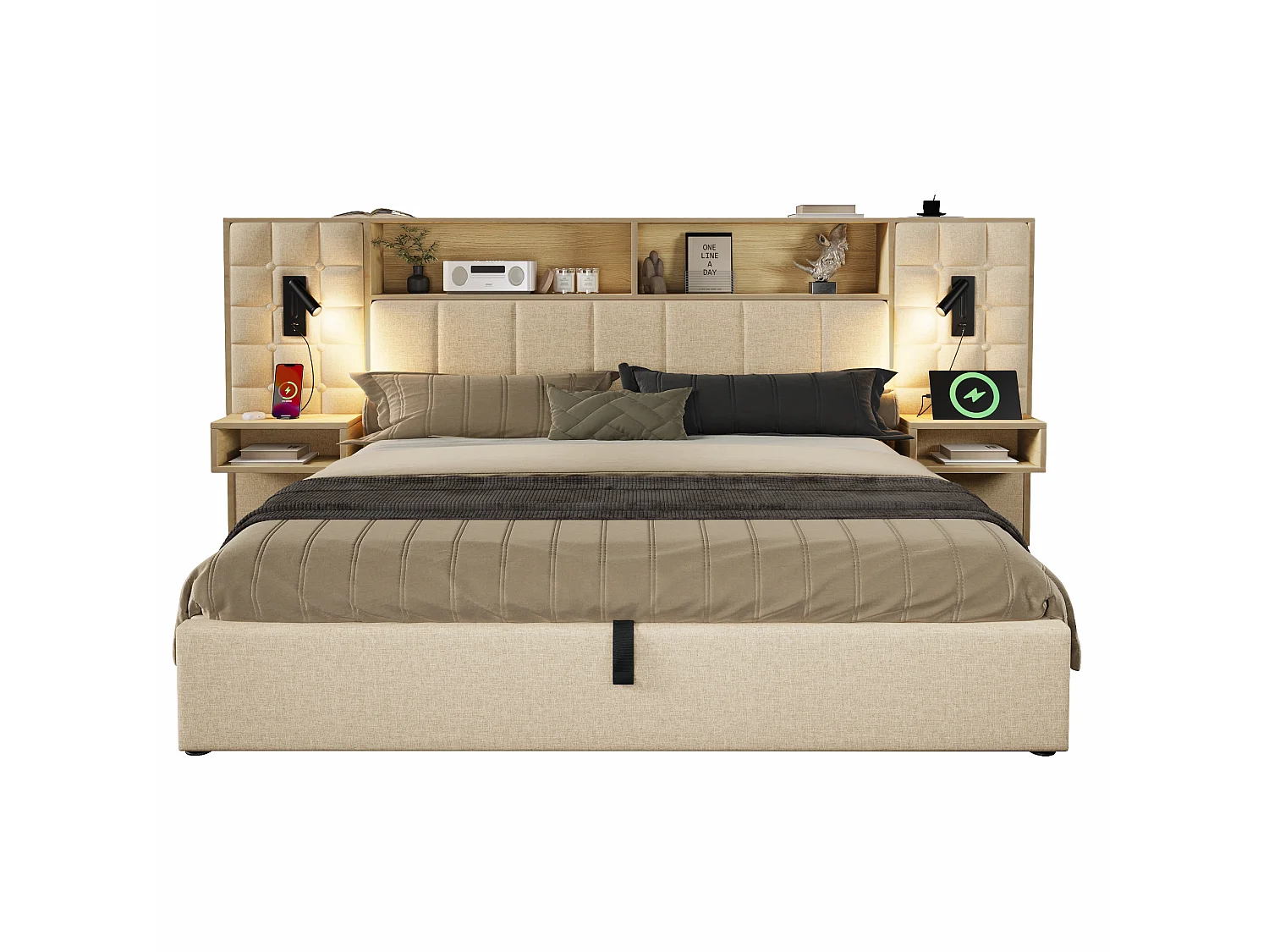 Letto contenitore 180x200 con 2 luci da lettura, 2 comodini e porta di ricarica USB-C – Letto matrimoniale in lino beige