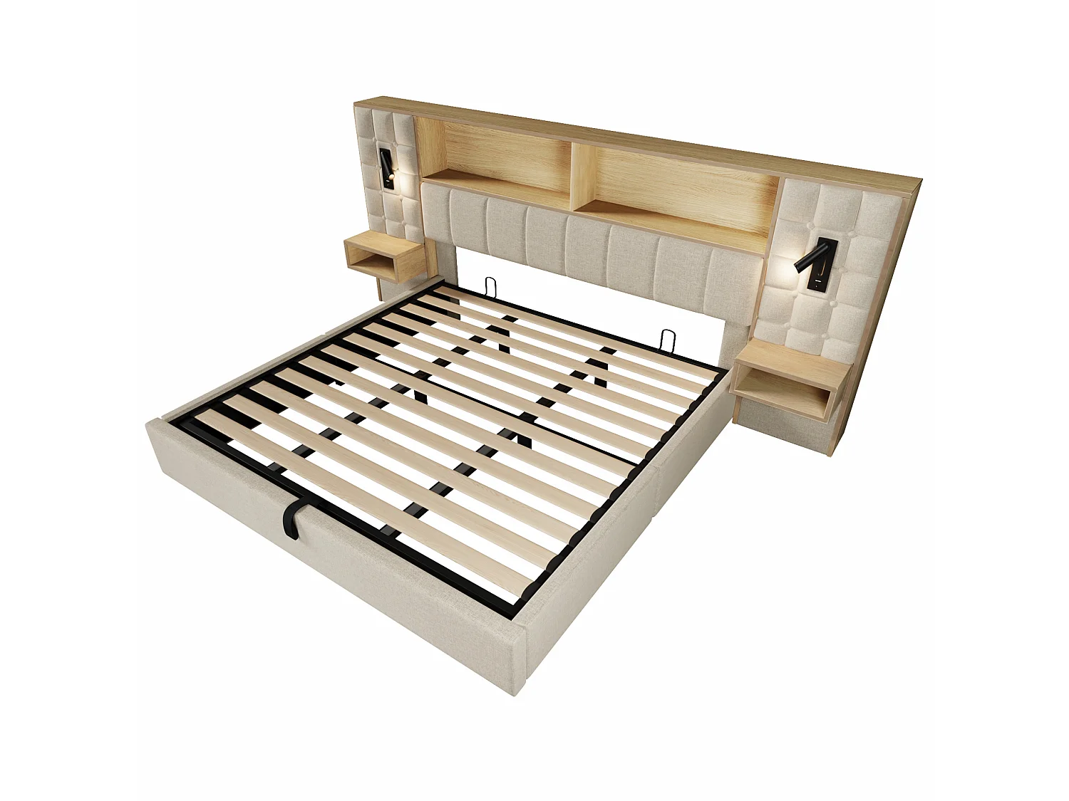 Letto contenitore 180x200 con 2 luci da lettura, 2 comodini e porta di ricarica USB-C – Letto matrimoniale in lino beige