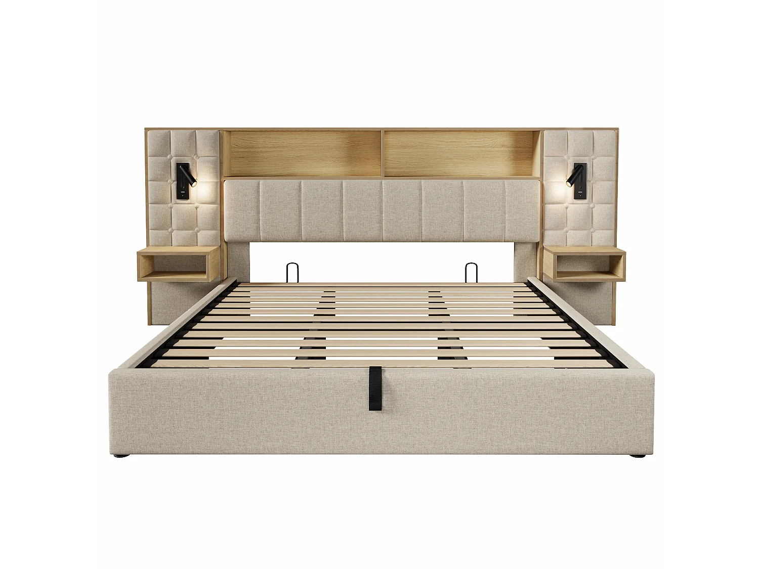 Letto contenitore 180x200 con 2 luci da lettura, 2 comodini e porta di ricarica USB-C – Letto matrimoniale in lino beige