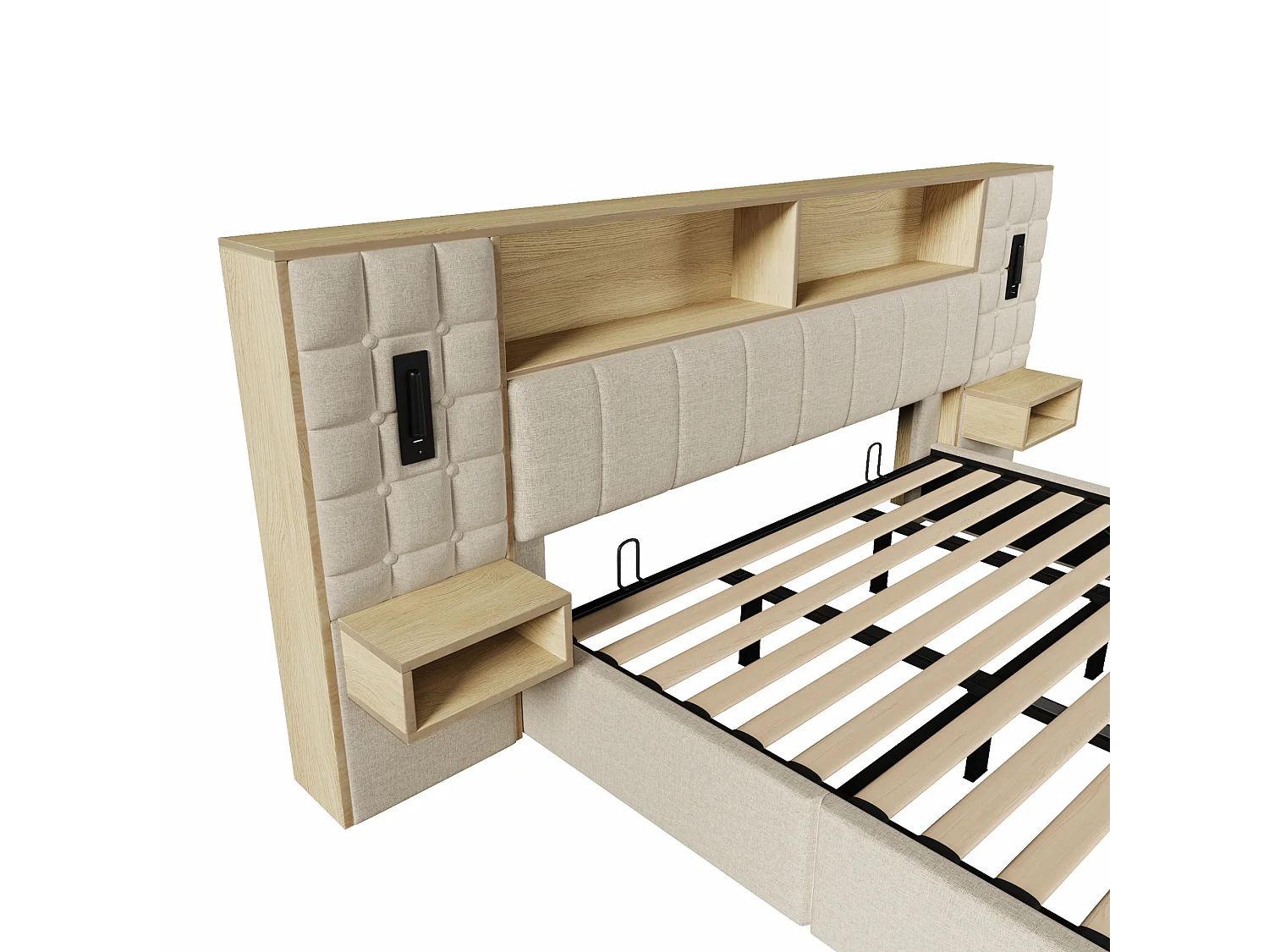 Letto contenitore 180x200 con 2 luci da lettura, 2 comodini e porta di ricarica USB-C – Letto matrimoniale in lino beige