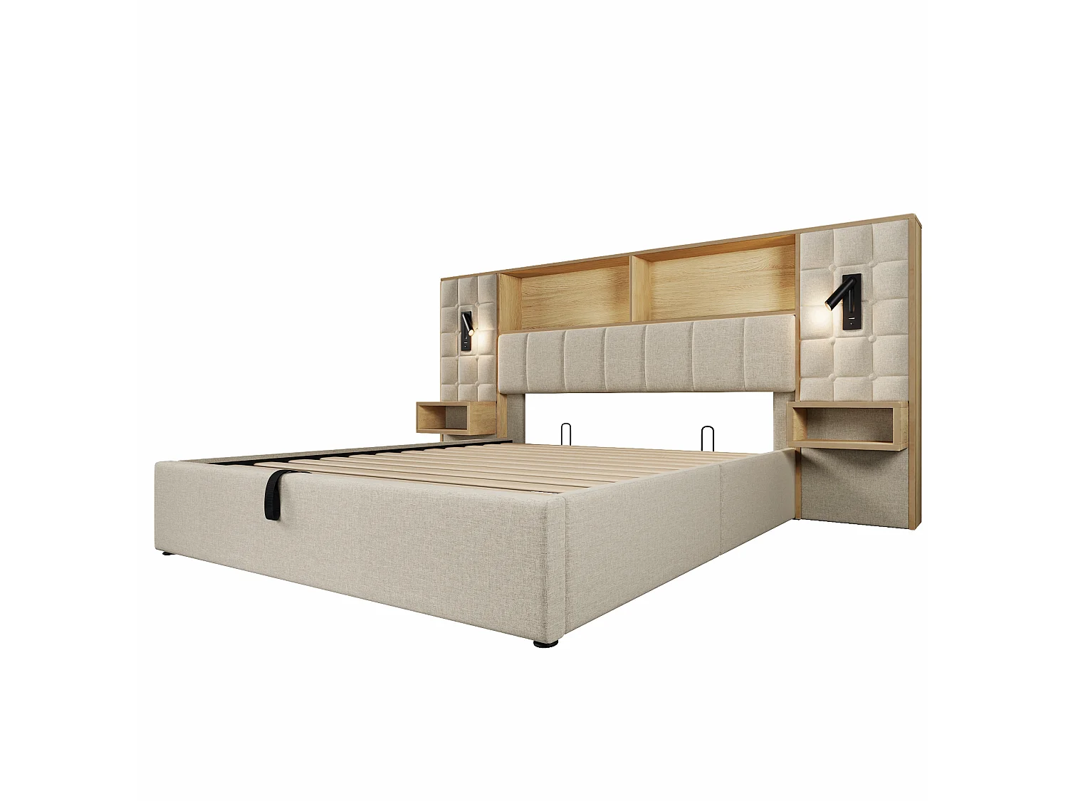 Letto contenitore 180x200 con 2 luci da lettura, 2 comodini e porta di ricarica USB-C – Letto matrimoniale in lino beige