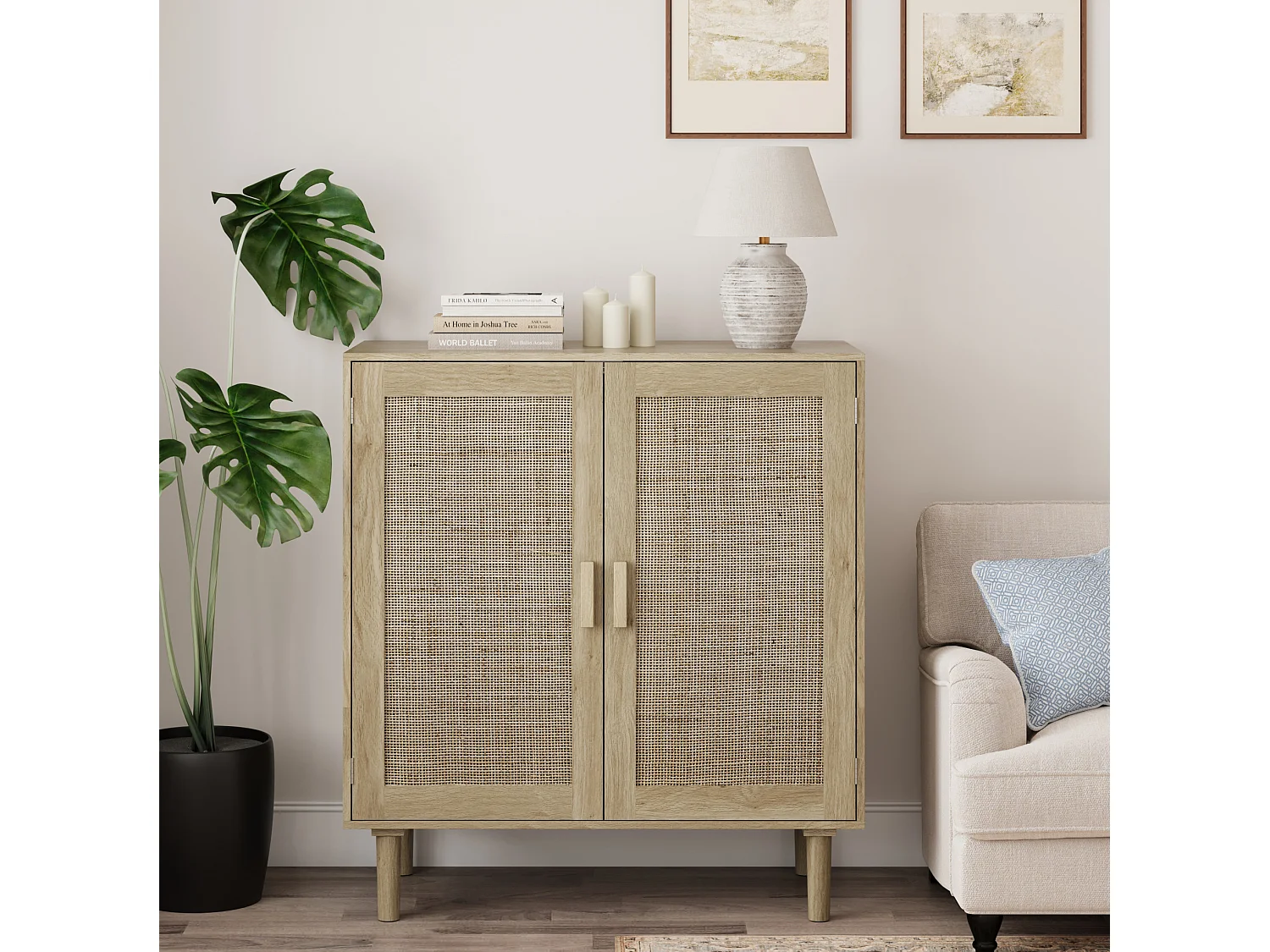 Buffet en rotin à 2 portes - Pour salon, salle à manger et couloir - Couleur bois 80 x 40 x 88 cm