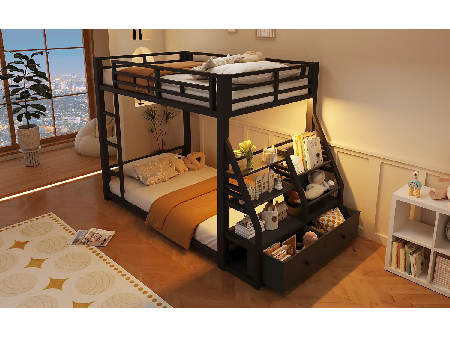 Lit superposé enfant 90 x 200 cm avec éclairage LED et 2 tiroirs en tissu - Métal et bois - Noir