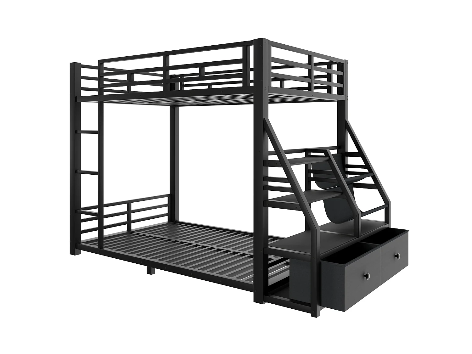 Lit superposé enfant 90 x 200 cm avec éclairage LED et 2 tiroirs en tissu - Métal et bois - Noir