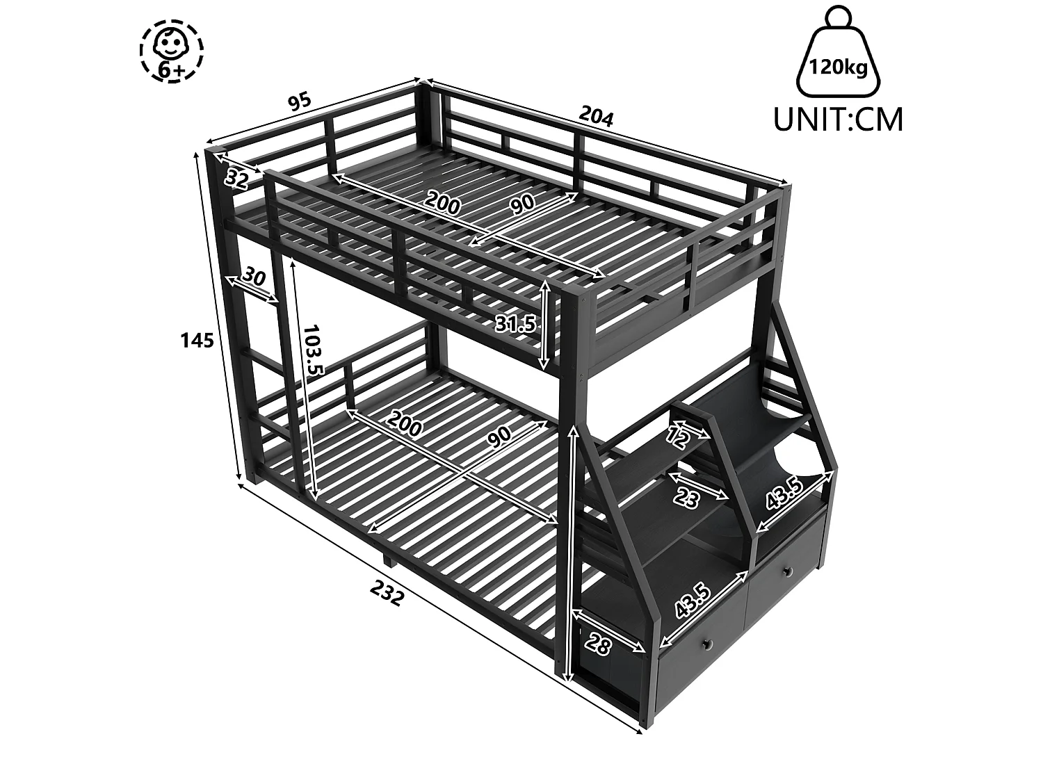 Lit superposé enfant 90 x 200 cm avec éclairage LED et 2 tiroirs en tissu - Métal et bois - Noir