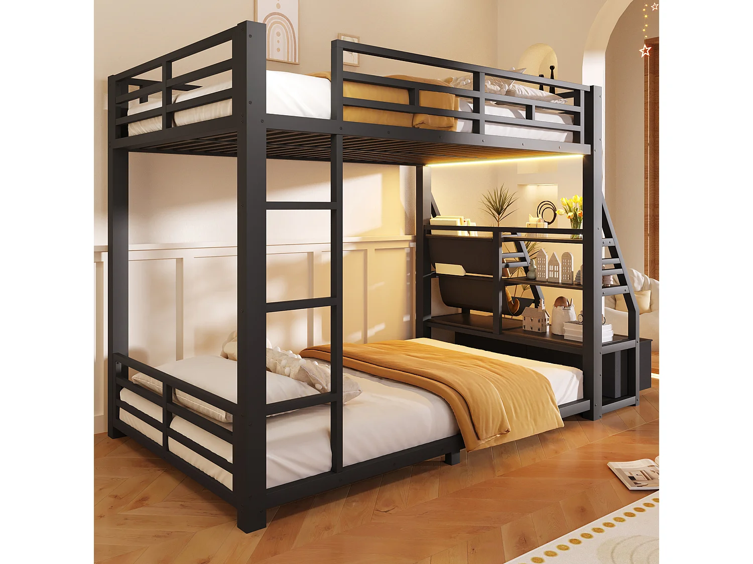 Lit superposé enfant 90 x 200 cm avec éclairage LED et 2 tiroirs en tissu - Métal et bois - Noir