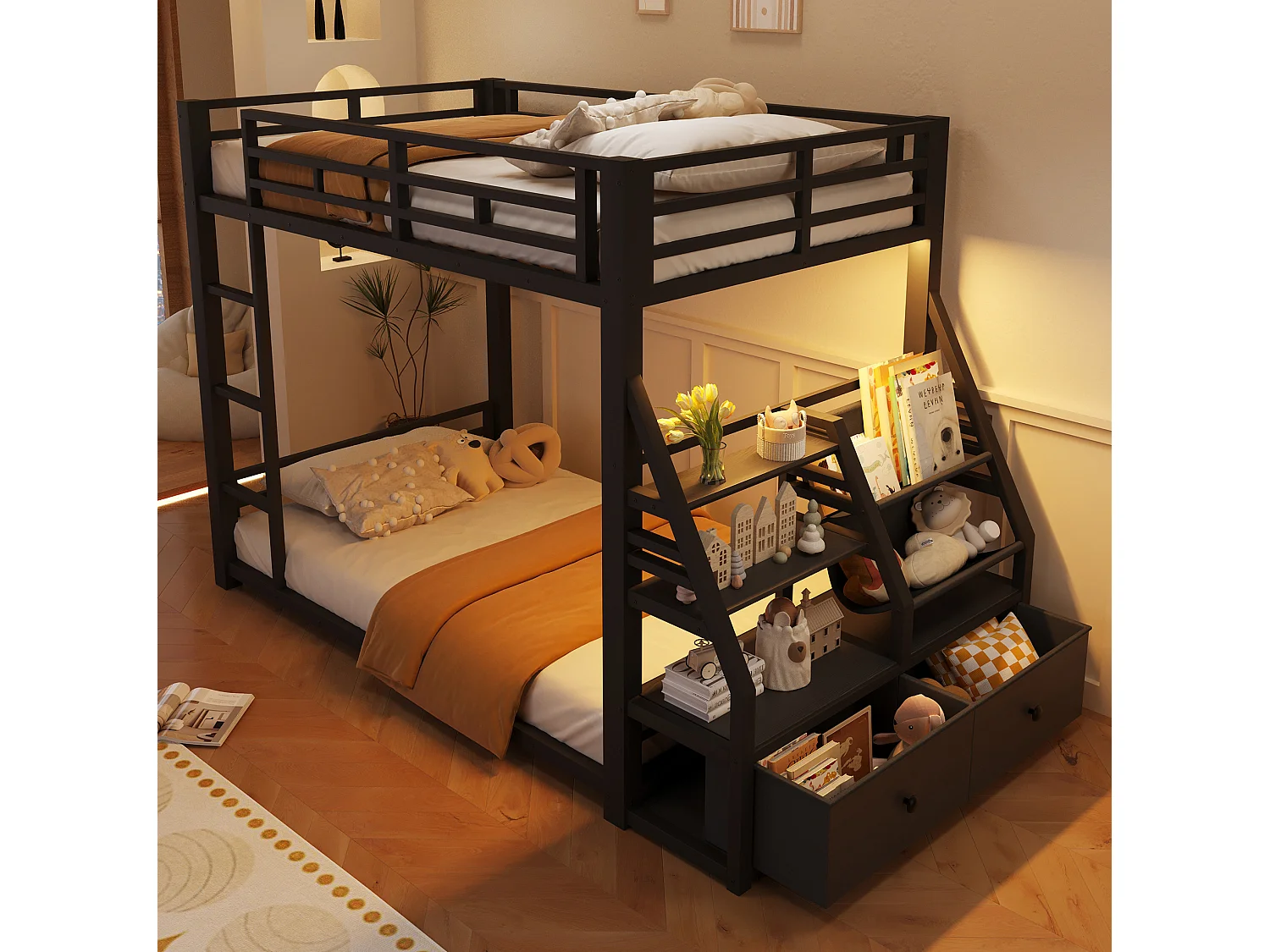 Lit superposé enfant 90 x 200 cm avec éclairage LED et 2 tiroirs en tissu - Métal et bois - Noir