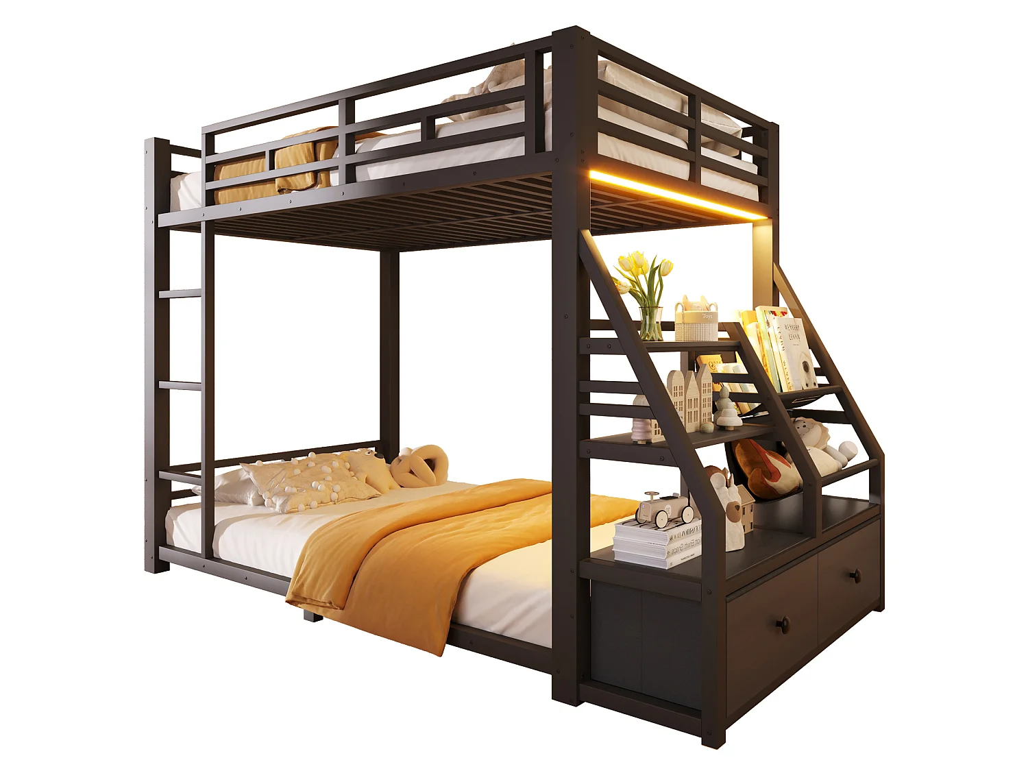 Lit superposé enfant 90 x 200 cm avec éclairage LED et 2 tiroirs en tissu - Métal et bois - Noir