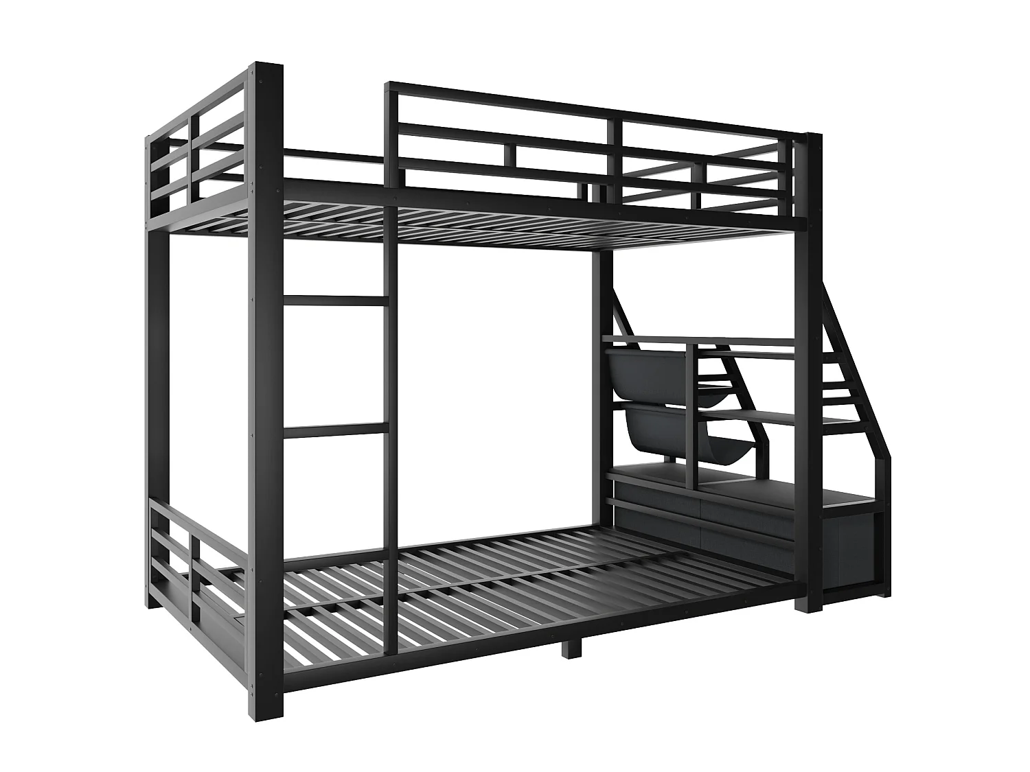 Lit superposé enfant 90 x 200 cm avec éclairage LED et 2 tiroirs en tissu - Métal et bois - Noir