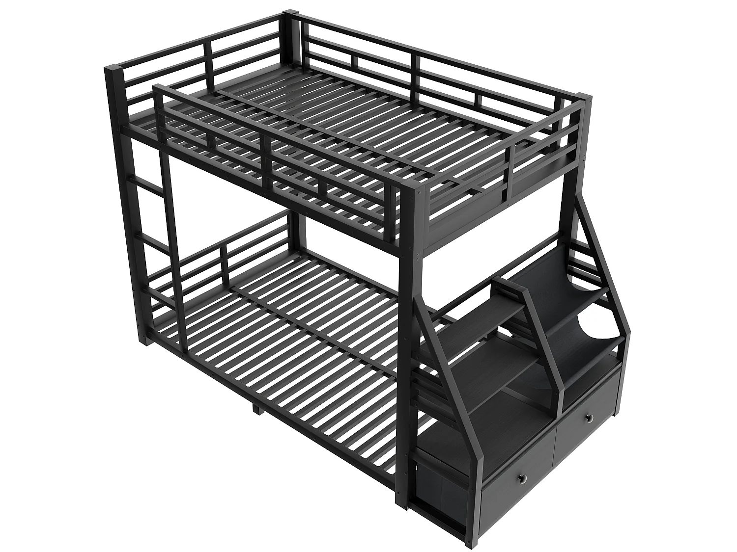 Lit superposé enfant 90 x 200 cm avec éclairage LED et 2 tiroirs en tissu - Métal et bois - Noir