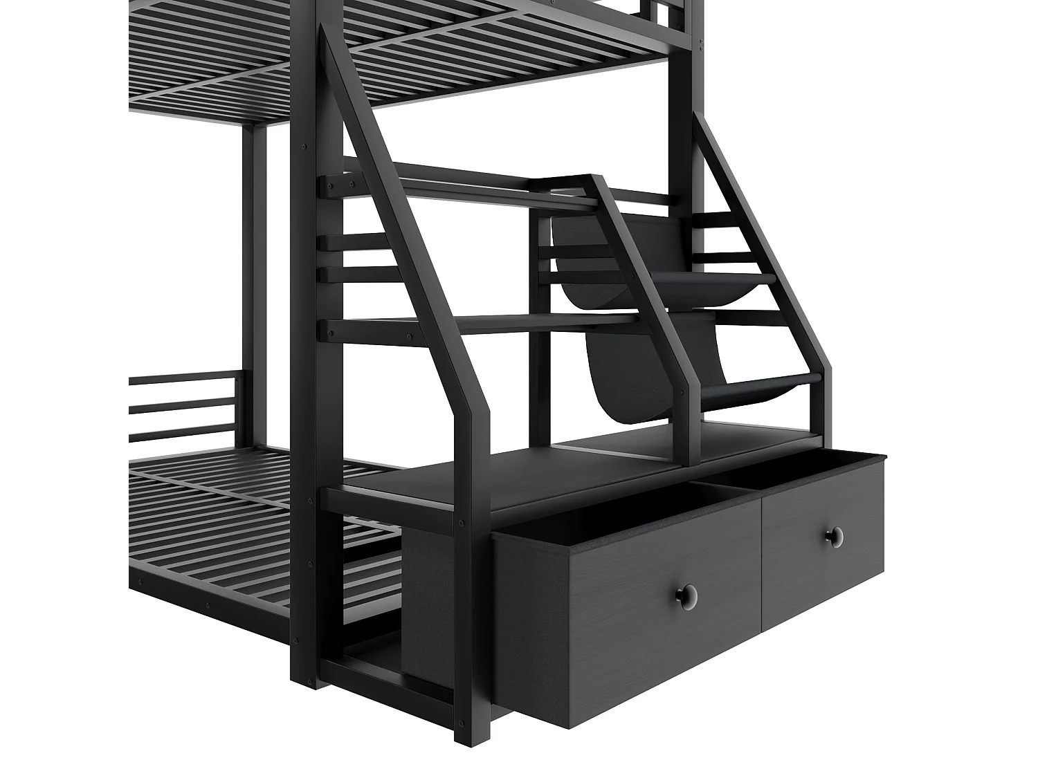 Lit superposé enfant 90 x 200 cm avec éclairage LED et 2 tiroirs en tissu - Métal et bois - Noir