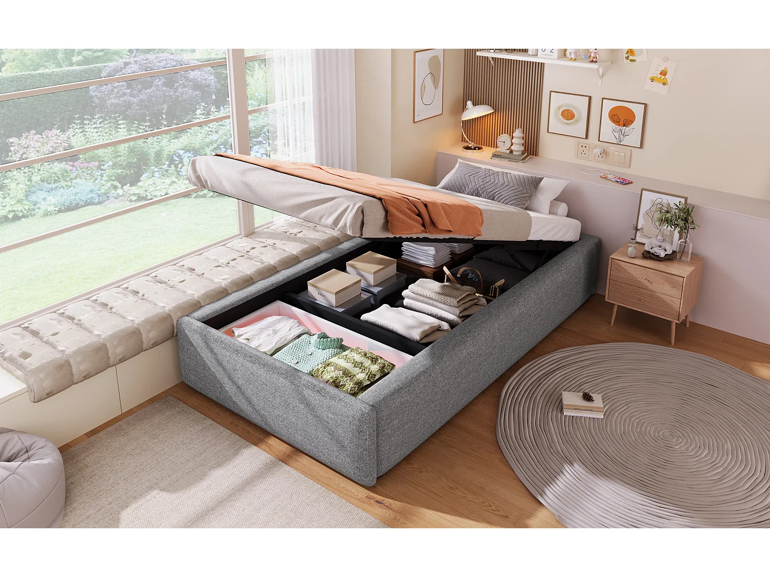 Lit coffre enfant 90 x 200 cm en tissu avec tiroir - Sans tête de lit – Gris