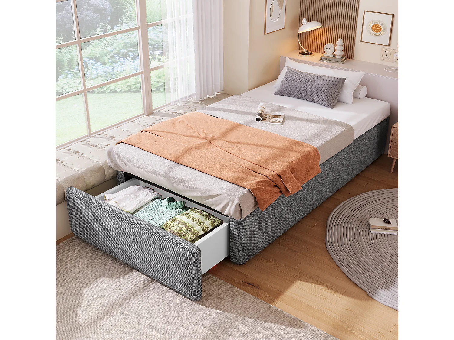Lit coffre enfant 90 x 200 cm en tissu avec tiroir - Sans tête de lit – Gris