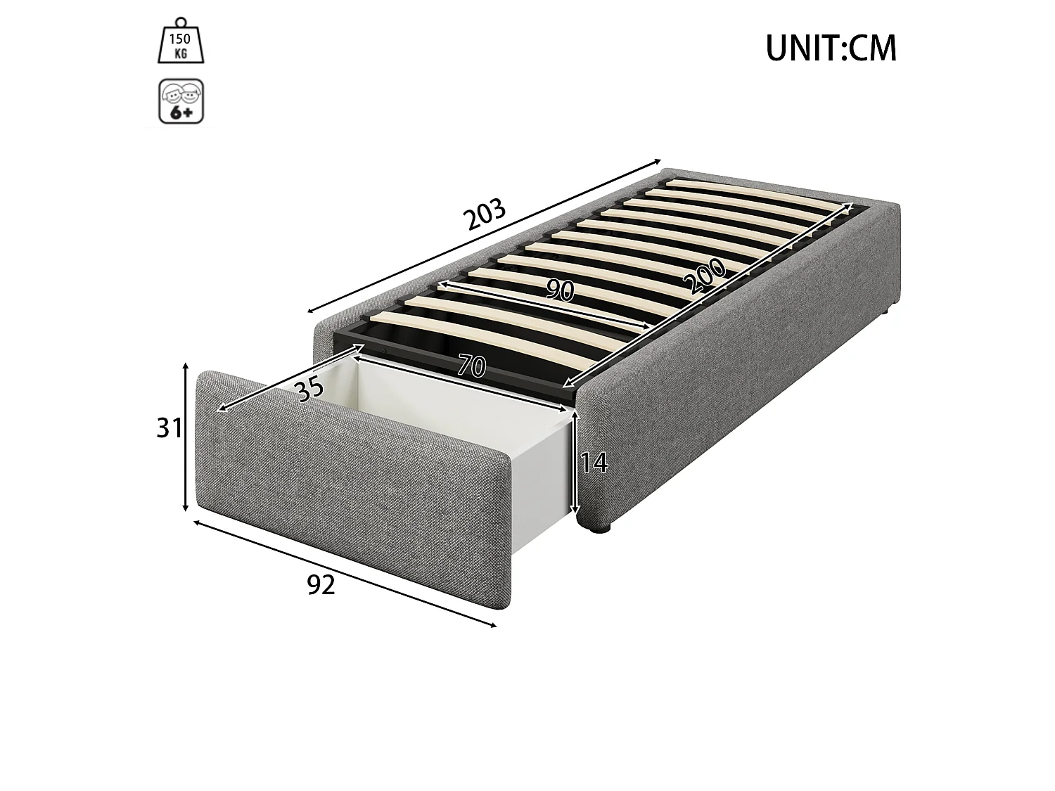 Lit coffre enfant 90 x 200 cm en tissu avec tiroir - Sans tête de lit – Gris