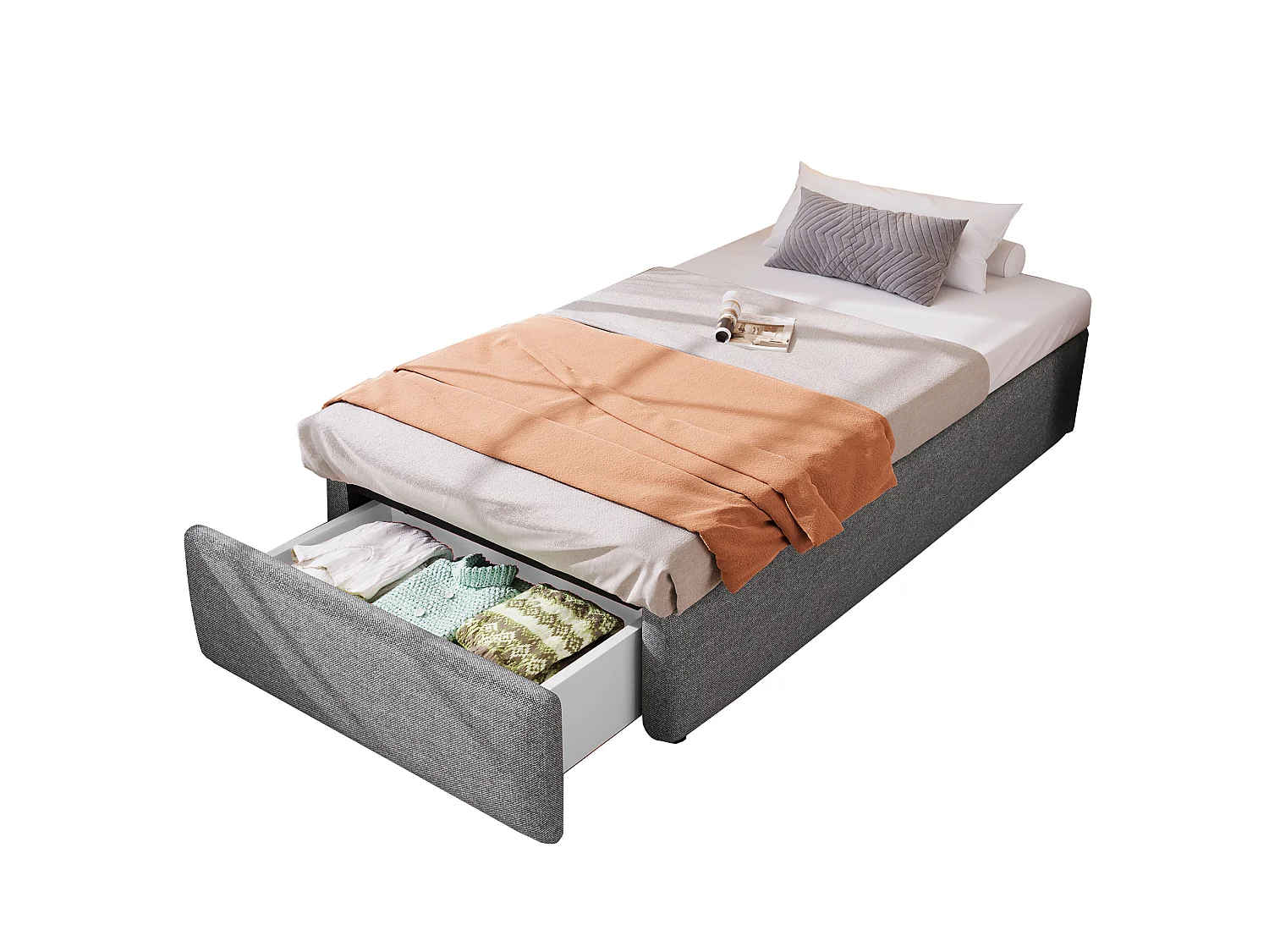 Lit coffre enfant 90 x 200 cm en tissu avec tiroir - Sans tête de lit – Gris