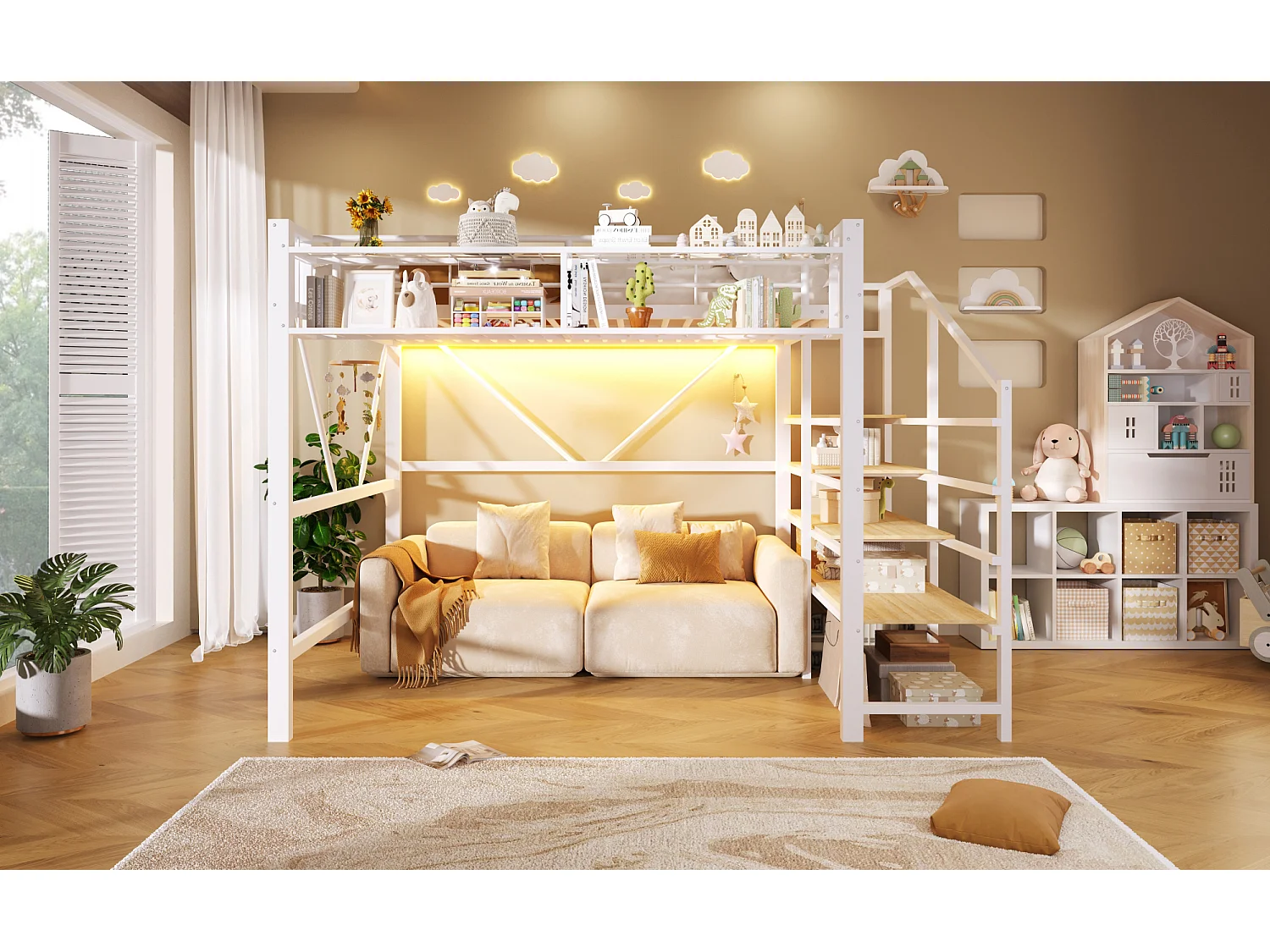 Lit mezzanine 140 x 200 cm avec étagère en escalier et LEDs - Structure en métal - Blanc