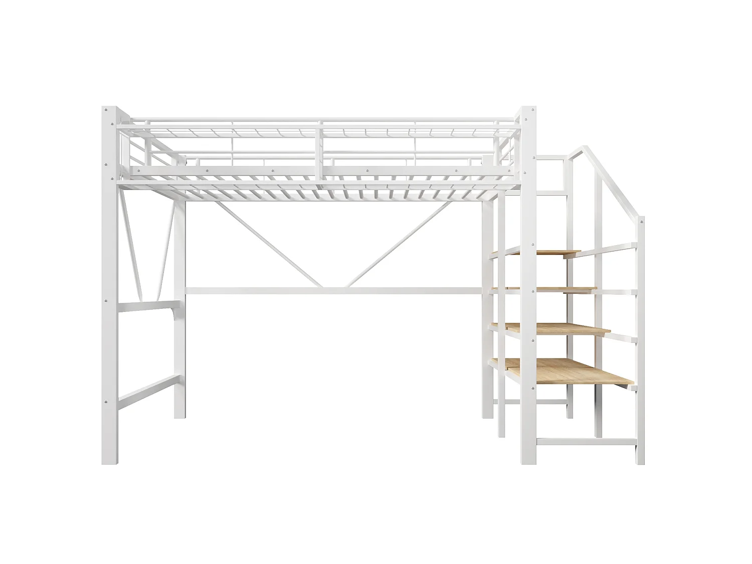 Lit mezzanine 140 x 200 cm avec étagère en escalier et LEDs - Structure en métal - Blanc