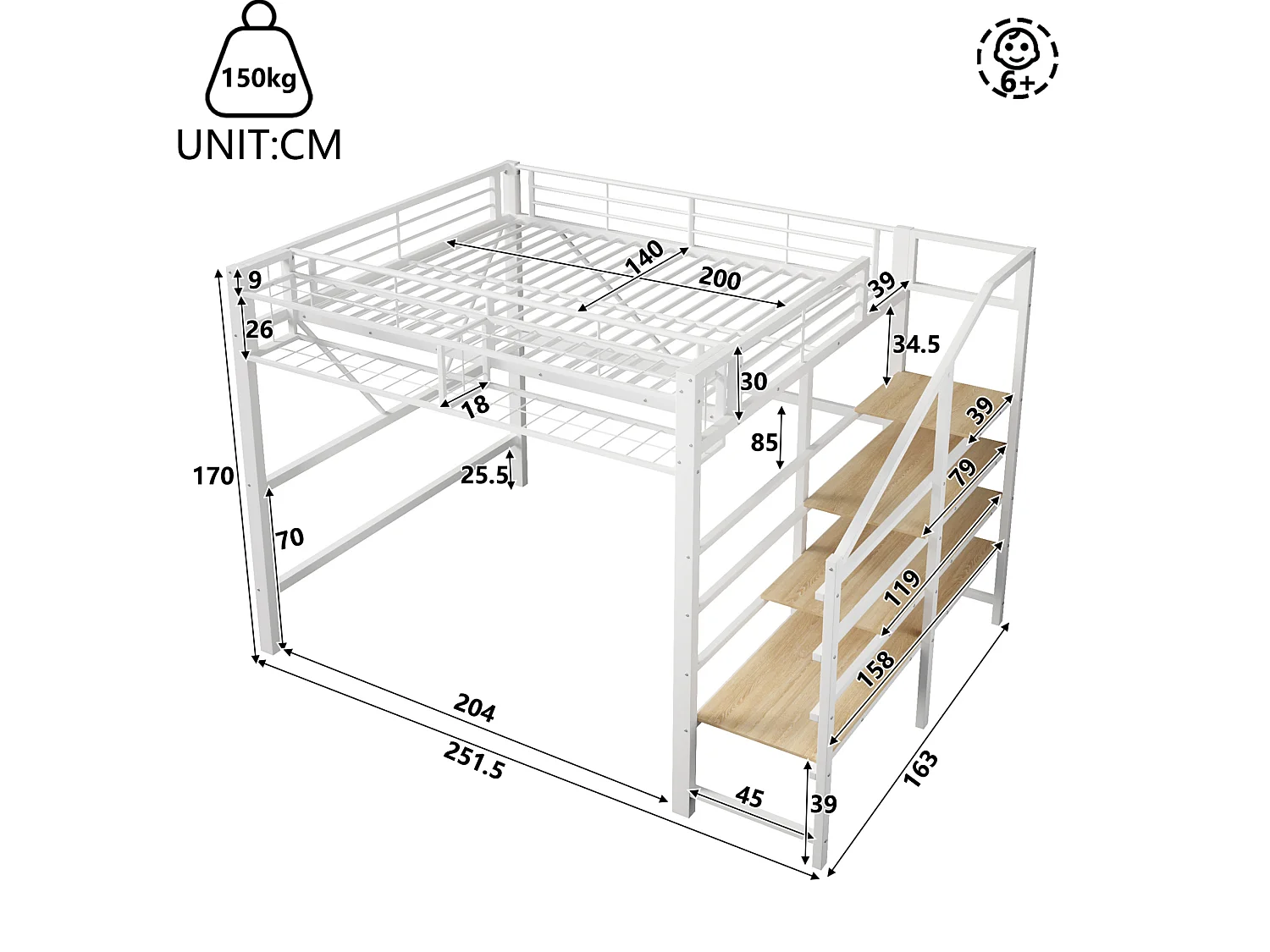 Lit mezzanine 140 x 200 cm avec étagère en escalier et LEDs - Structure en métal - Blanc