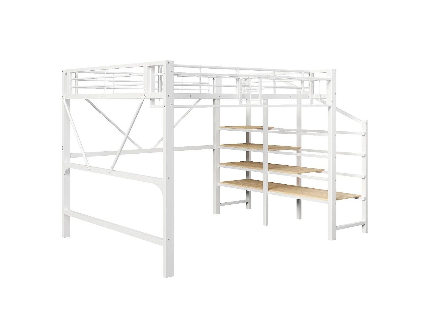 Lit mezzanine 140 x 200 cm avec étagère en escalier et LEDs - Structure en métal - Blanc