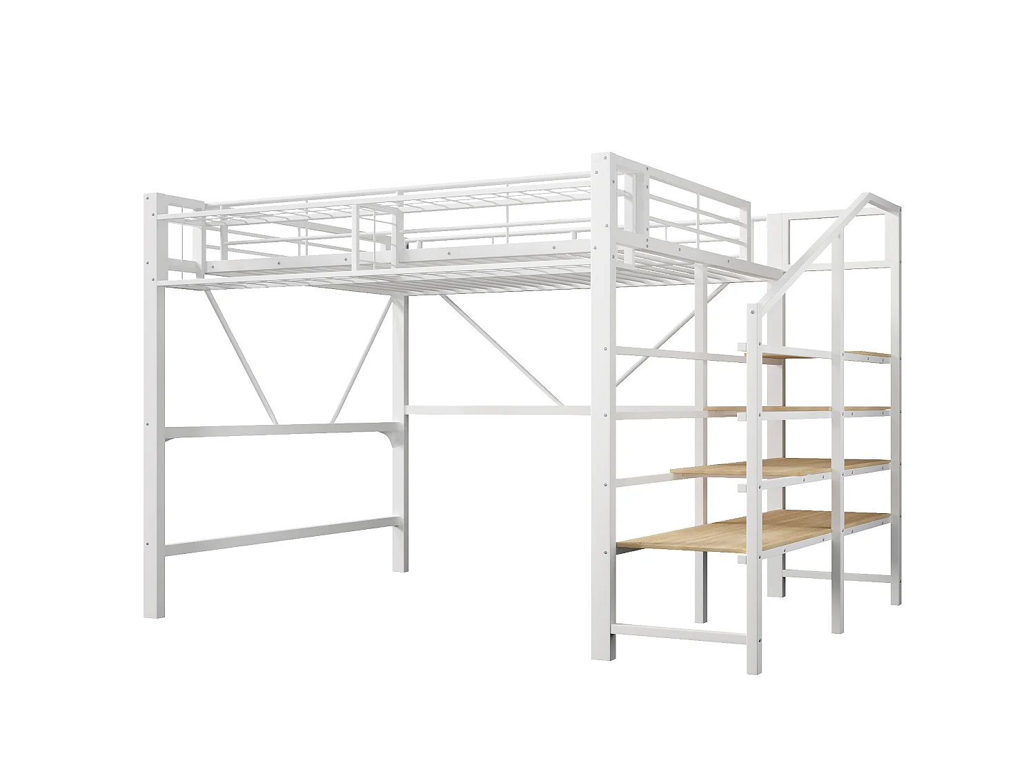 Lit mezzanine 140 x 200 cm avec étagère en escalier et LEDs - Structure en métal - Blanc