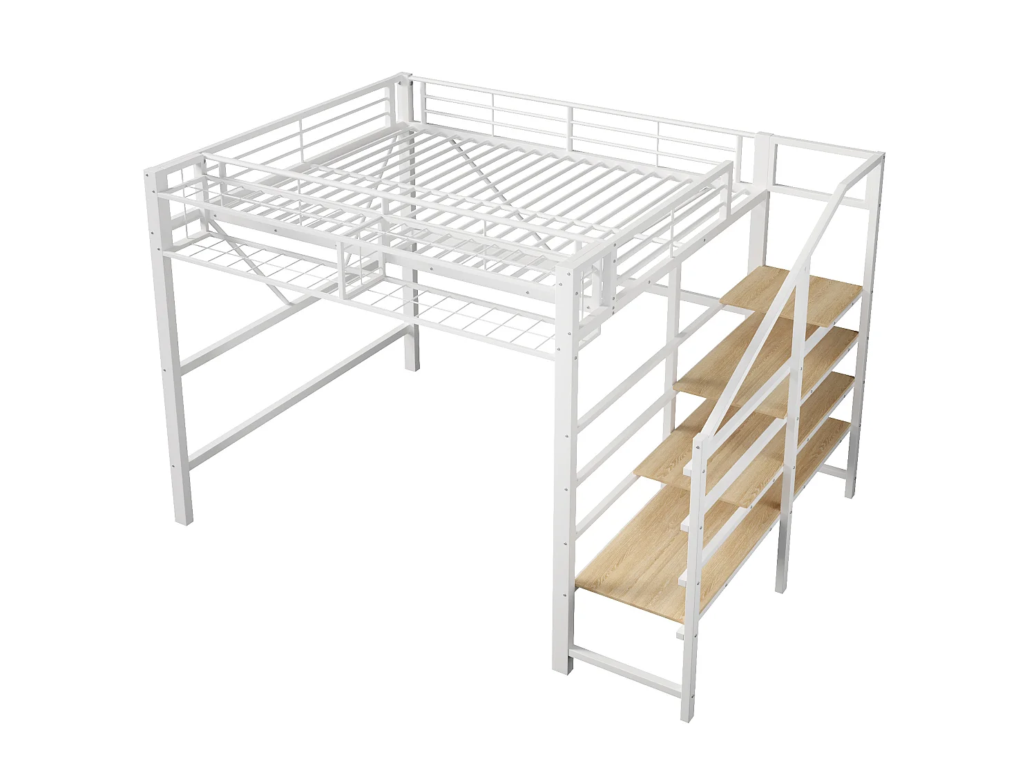 Lit mezzanine 140 x 200 cm avec étagère en escalier et LEDs - Structure en métal - Blanc