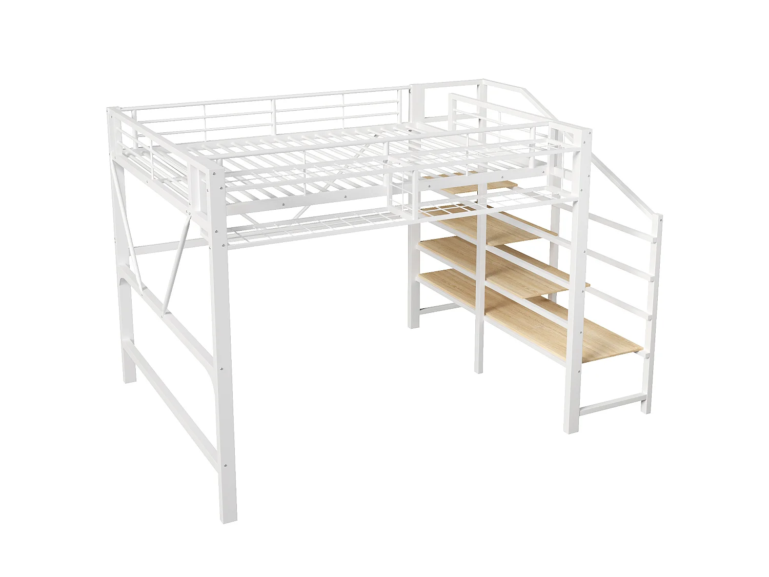 Lit mezzanine 140 x 200 cm avec étagère en escalier et LEDs - Structure en métal - Blanc
