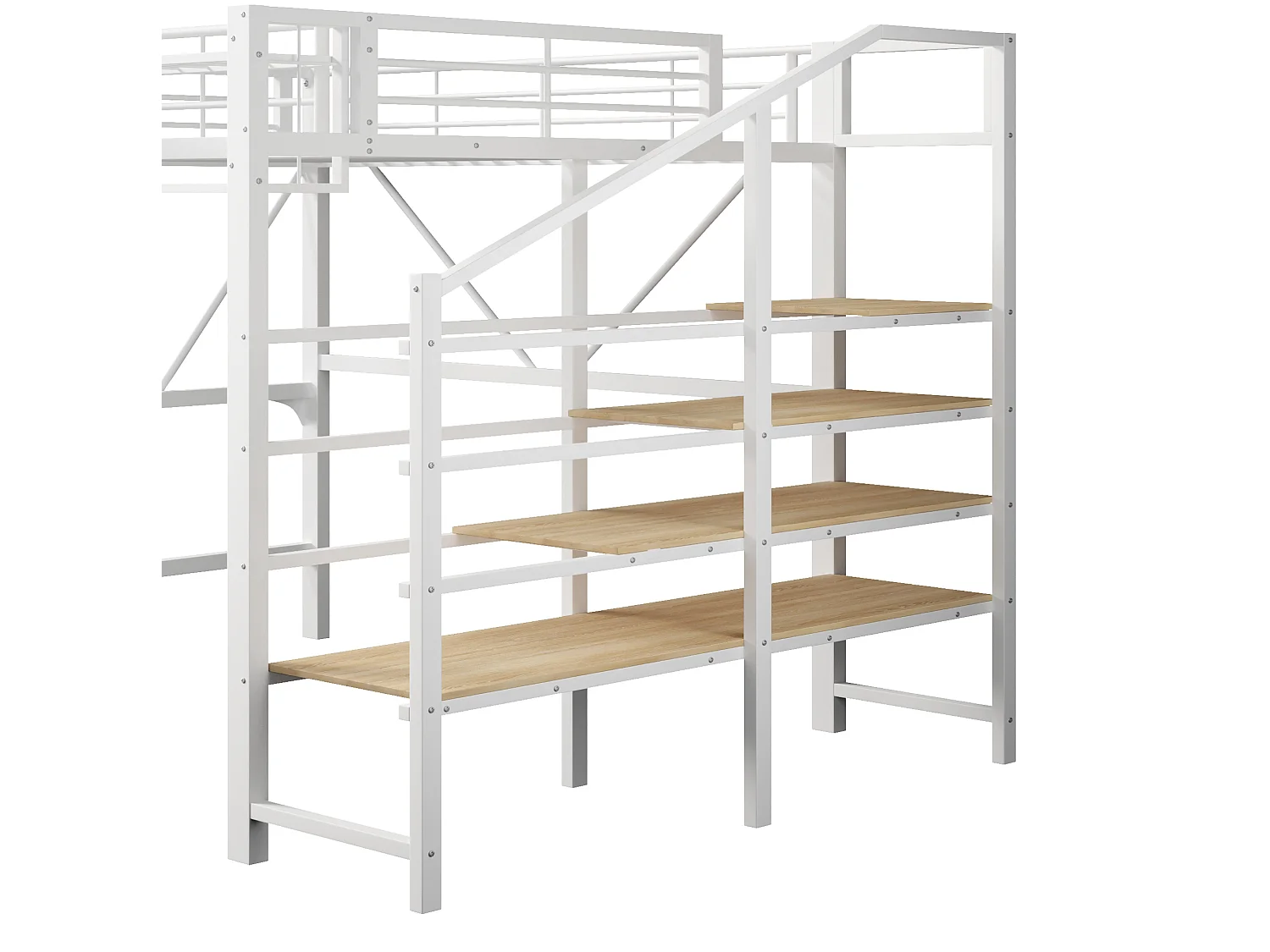 Lit mezzanine 140 x 200 cm avec étagère en escalier et LEDs - Structure en métal - Blanc
