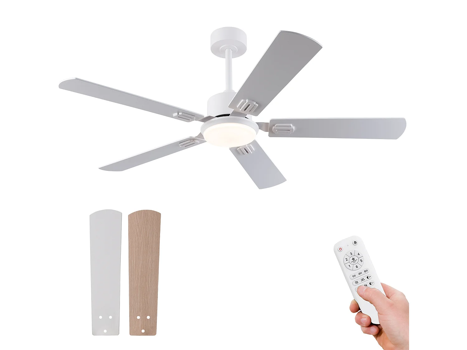 Ventilateur de plafond blanc de 132 cm avec lumière et télécommande et 6 vitesses
