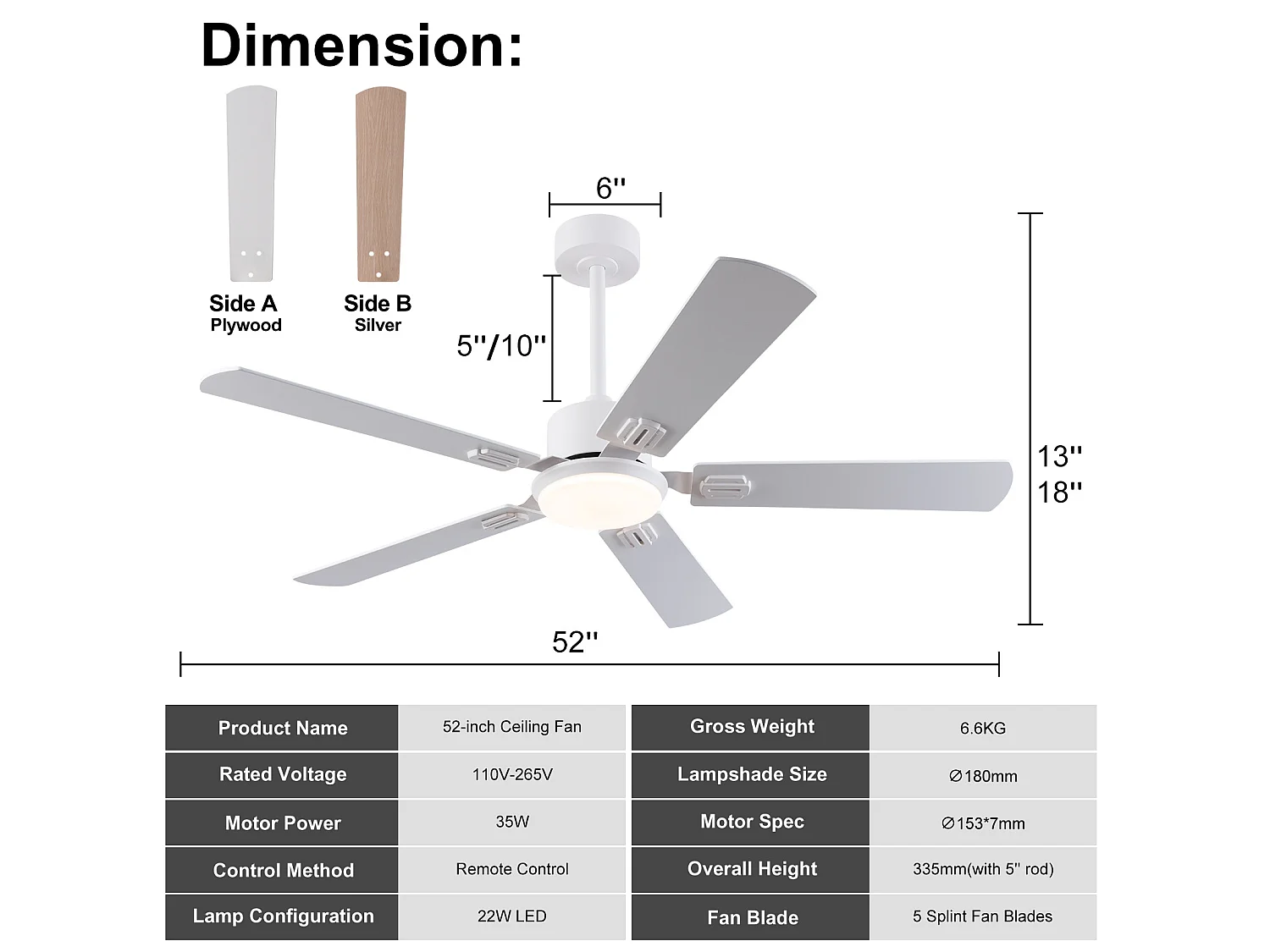 Ventilateur de plafond blanc de 132 cm avec lumière et télécommande et 6 vitesses