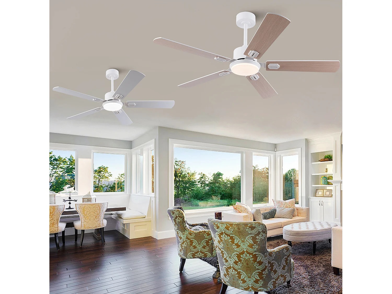 Ventilateur de plafond blanc de 132 cm avec lumière et télécommande et 6 vitesses