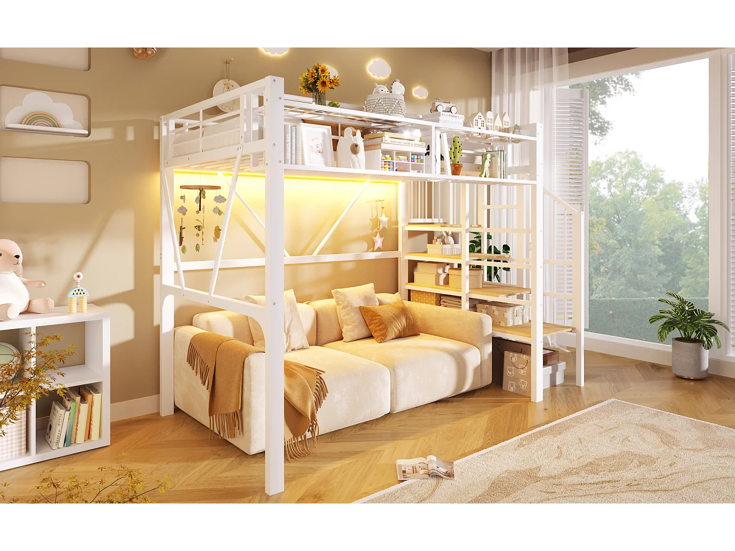 Lit mezzanine enfant 90 x 200 cm avec étagère en escalier et LEDs - Structure en métal - Blanc