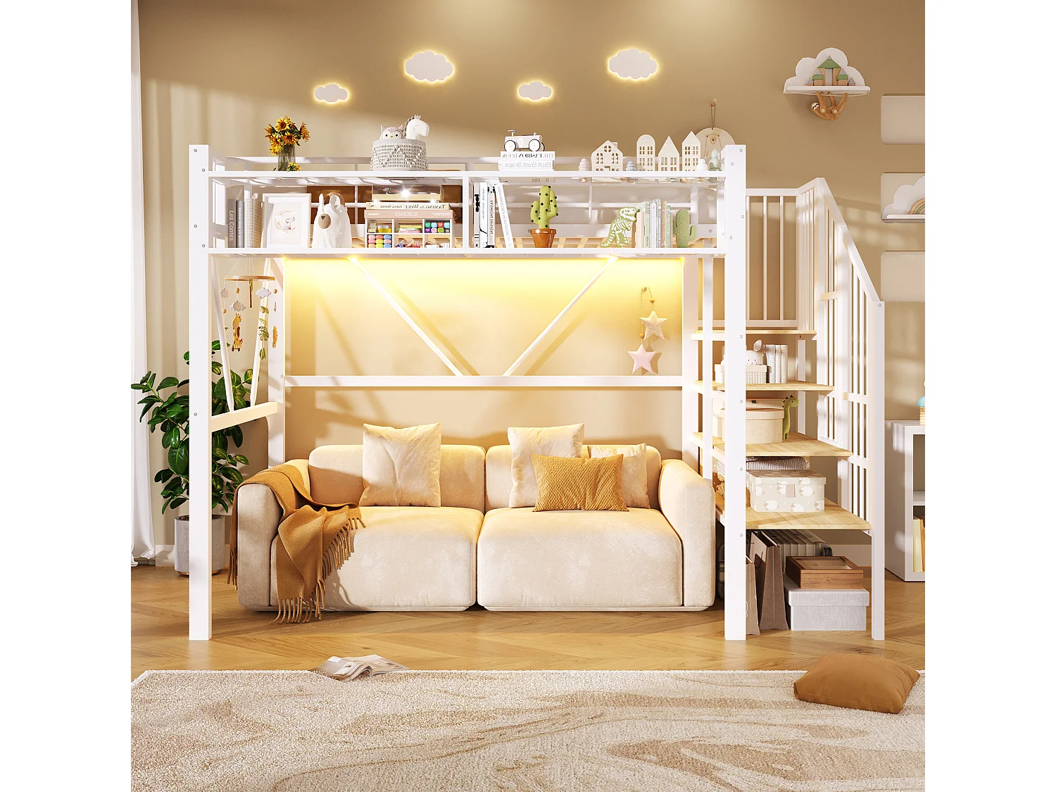 Lit mezzanine enfant 90 x 200 cm avec étagère en escalier et LEDs - Structure en métal - Blanc