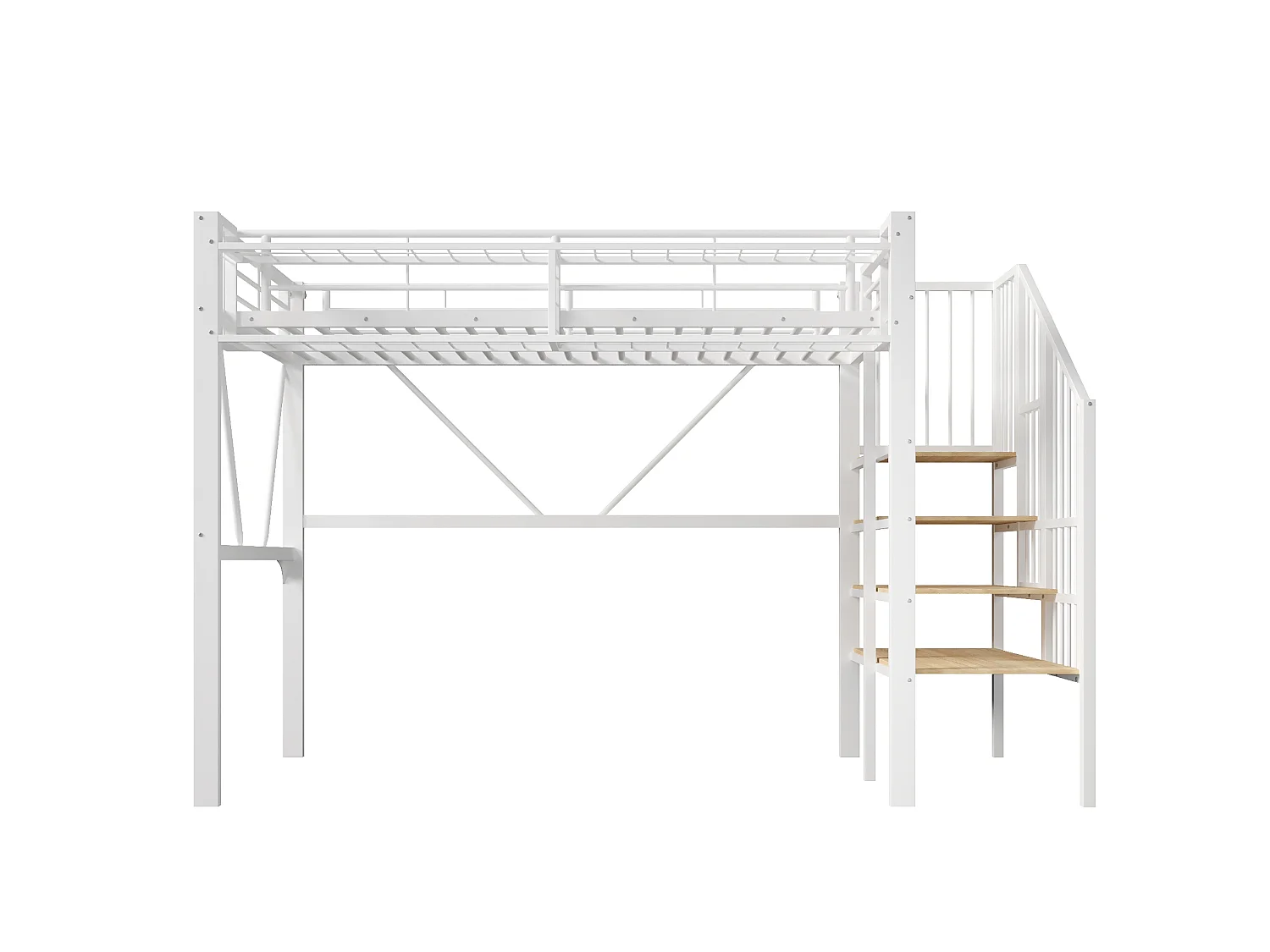 Lit mezzanine enfant 90 x 200 cm avec étagère en escalier et LEDs - Structure en métal - Blanc