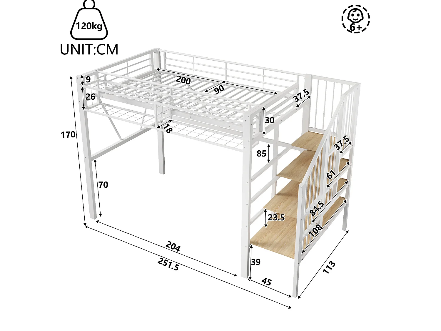 Lit mezzanine enfant 90 x 200 cm avec étagère en escalier et LEDs - Structure en métal - Blanc