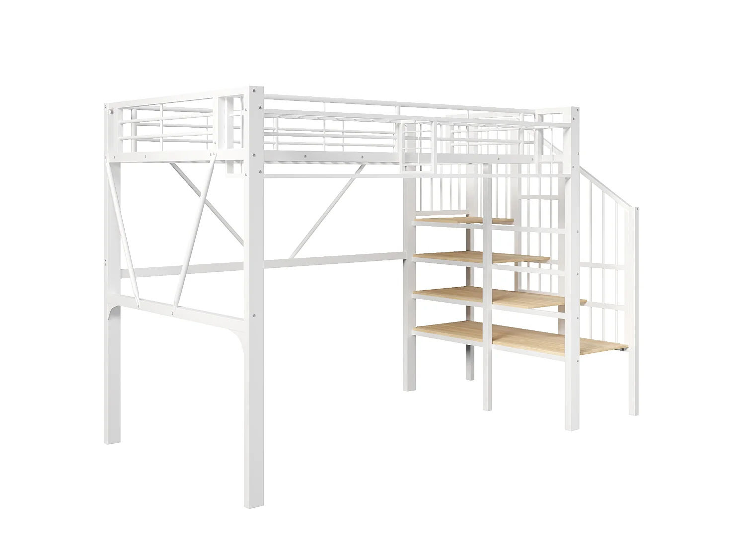 Lit mezzanine enfant 90 x 200 cm avec étagère en escalier et LEDs - Structure en métal - Blanc