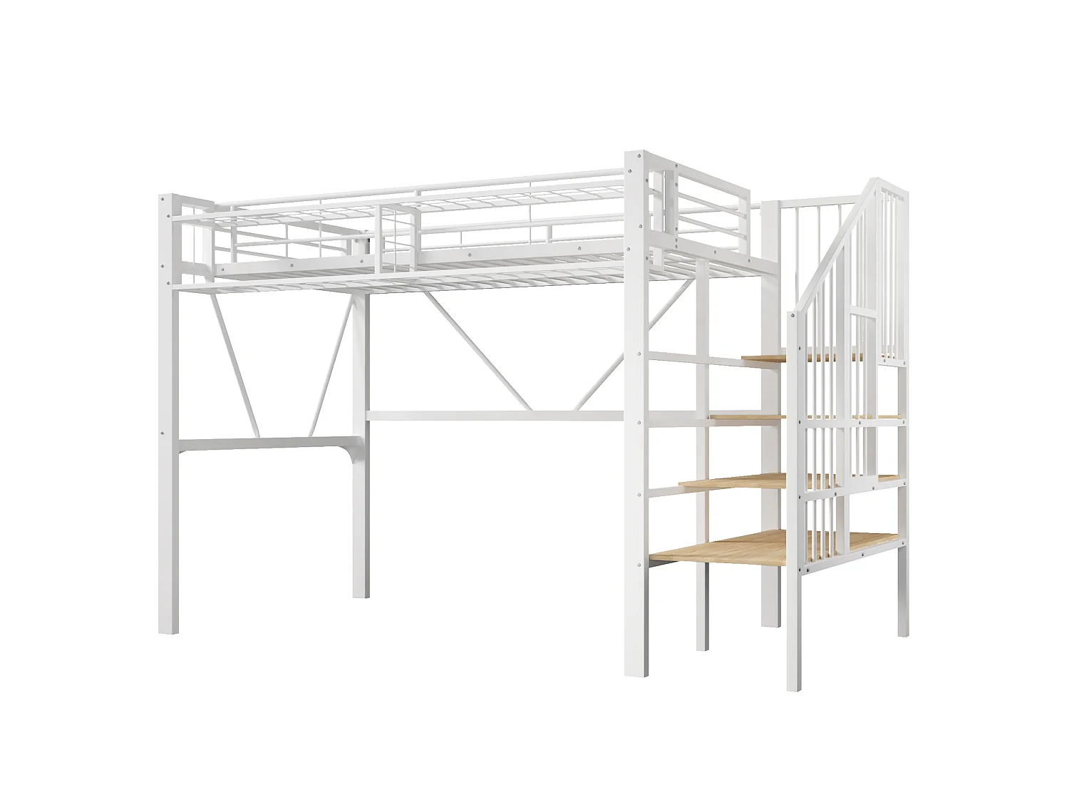 Lit mezzanine enfant 90 x 200 cm avec étagère en escalier et LEDs - Structure en métal - Blanc