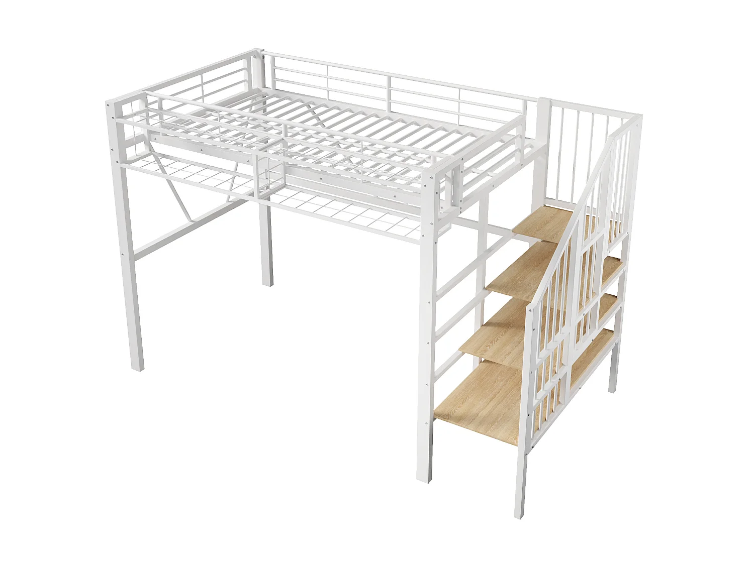 Lit mezzanine enfant 90 x 200 cm avec étagère en escalier et LEDs - Structure en métal - Blanc