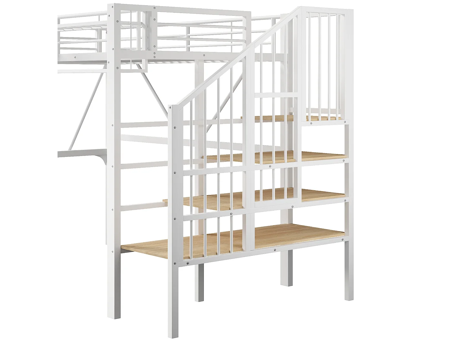 Lit mezzanine enfant 90 x 200 cm avec étagère en escalier et LEDs - Structure en métal - Blanc