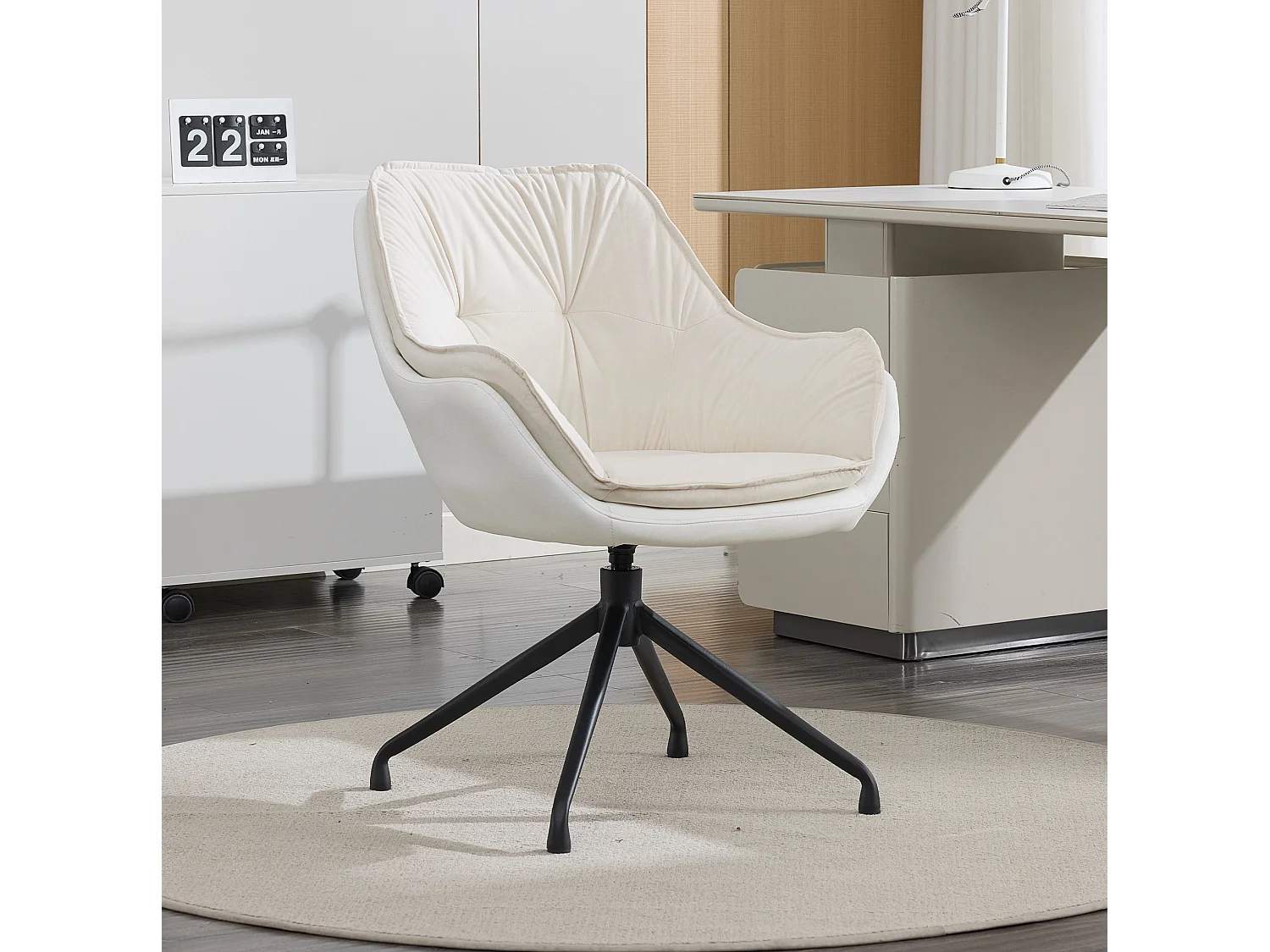 Chaise de bureau pivotant avec accoudoirs - Simili cuir et tissu - Beige