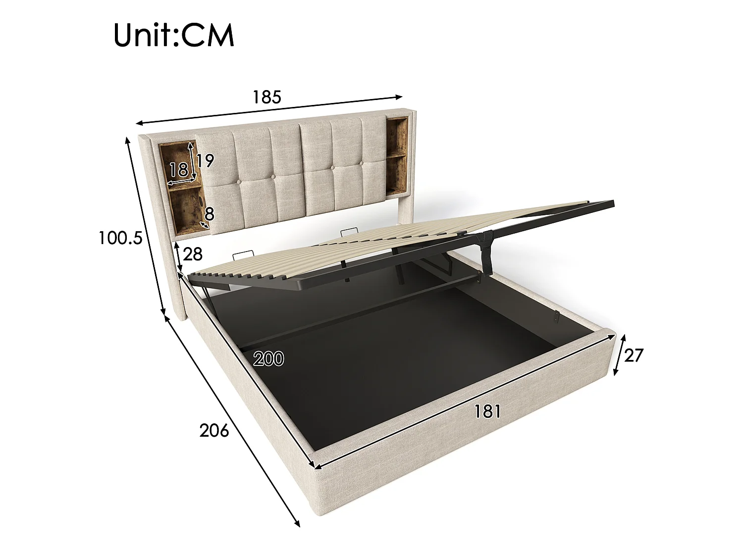 Letto contenitore per adulti 180x200 cm con USB/Type-C e vani portaoggetti - Tessuto in lino naturale