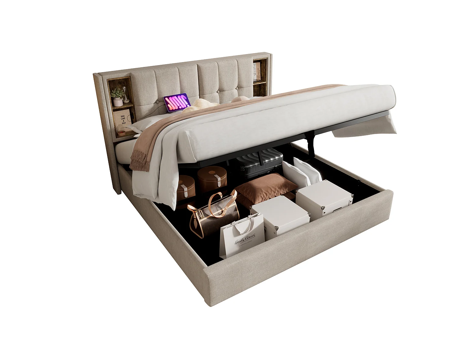 Letto contenitore per adulti 180x200 cm con USB/Type-C e vani portaoggetti - Tessuto in lino naturale