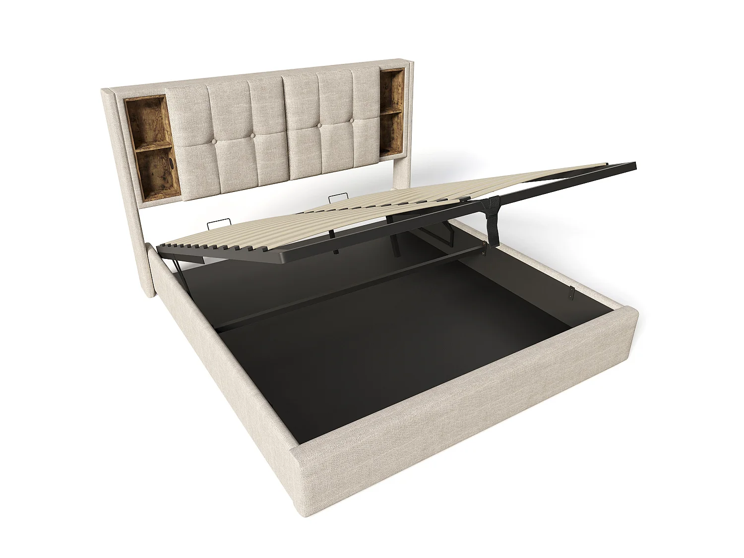 Letto contenitore per adulti 180x200 cm con USB/Type-C e vani portaoggetti - Tessuto in lino naturale