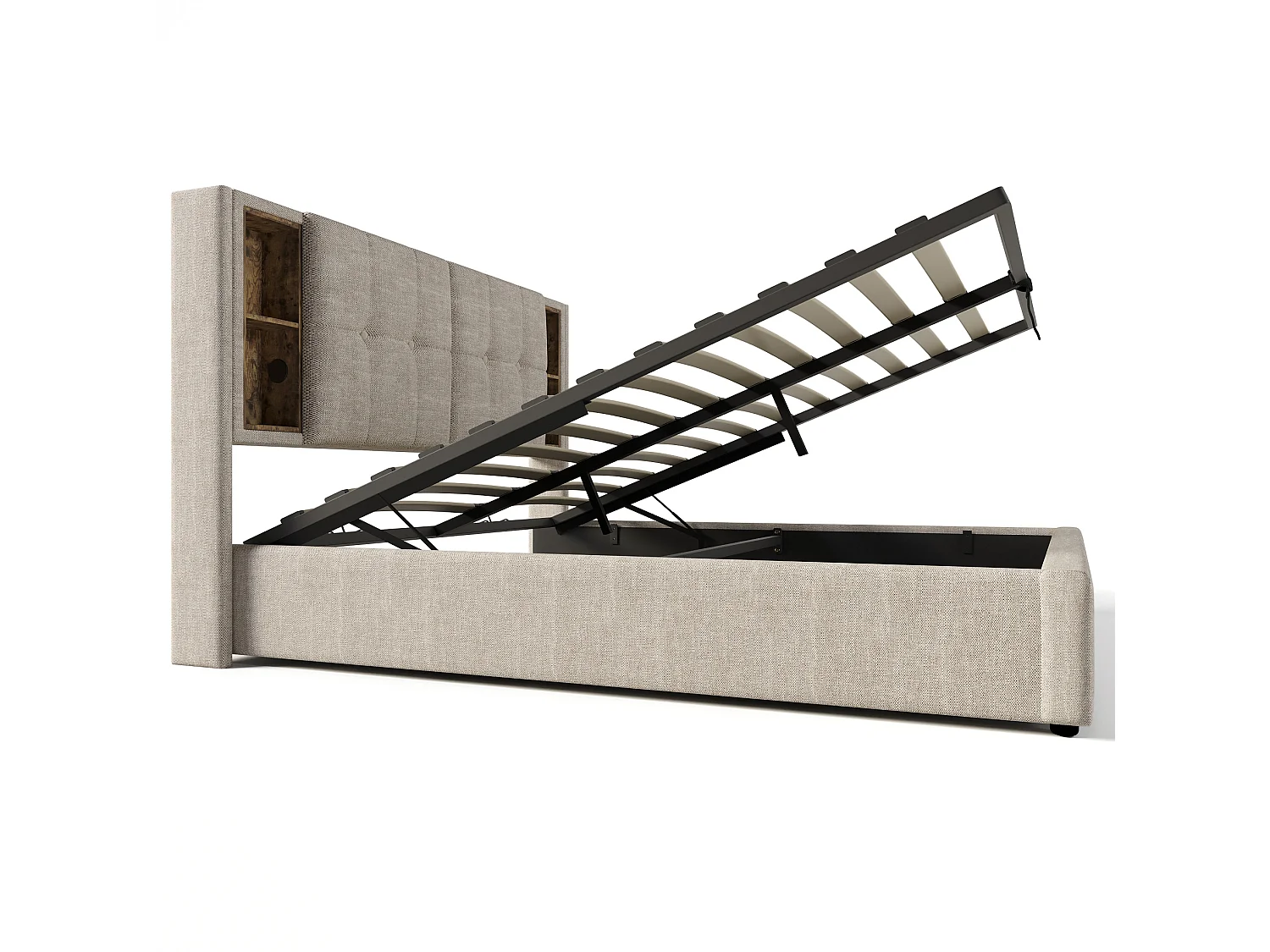 Letto contenitore per adulti 180x200 cm con USB/Type-C e vani portaoggetti - Tessuto in lino naturale