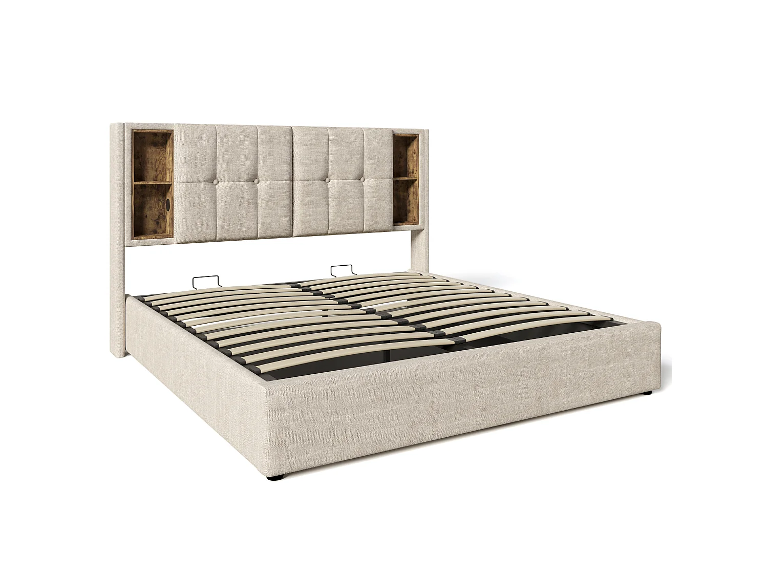 Letto contenitore per adulti 180x200 cm con USB/Type-C e vani portaoggetti - Tessuto in lino naturale