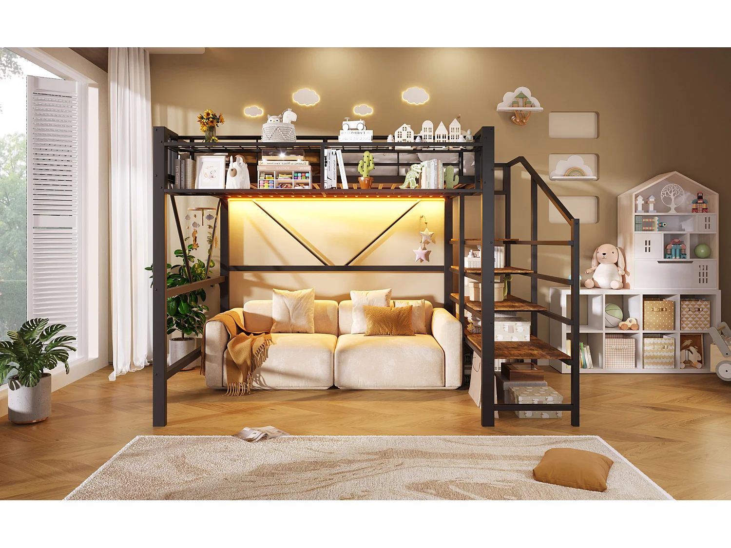 Lit mezzanine 140 x 200 cm avec étagère en escalier et LEDs - Structure en métal - Noir