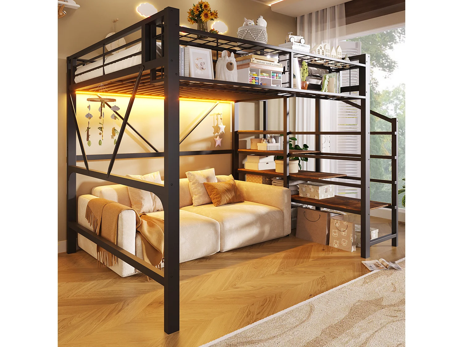 Lit mezzanine 140 x 200 cm avec étagère en escalier et LEDs - Structure en métal - Noir